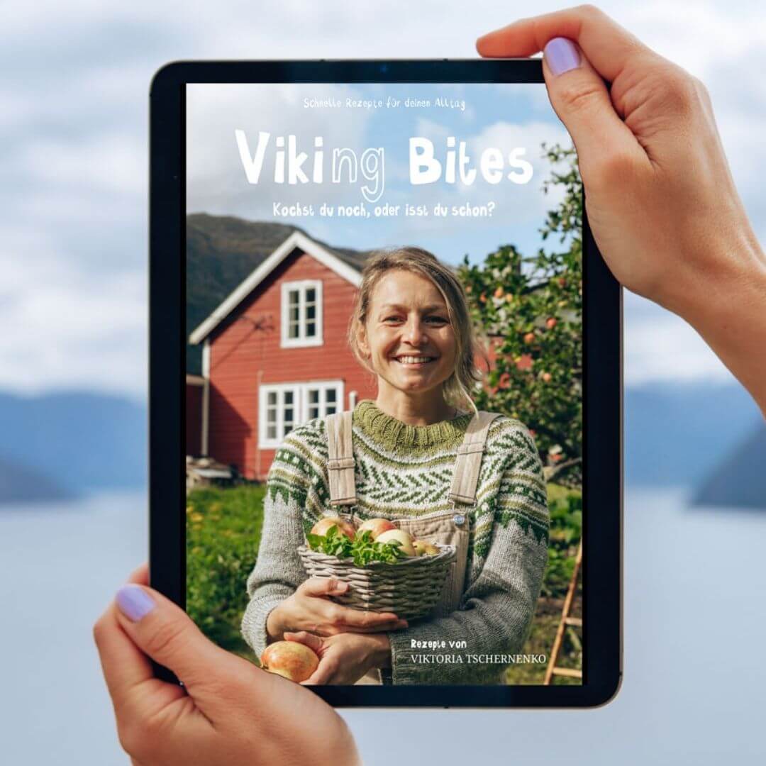 Viking Bites Kochbuch auf Tablet am Fjord gehalten